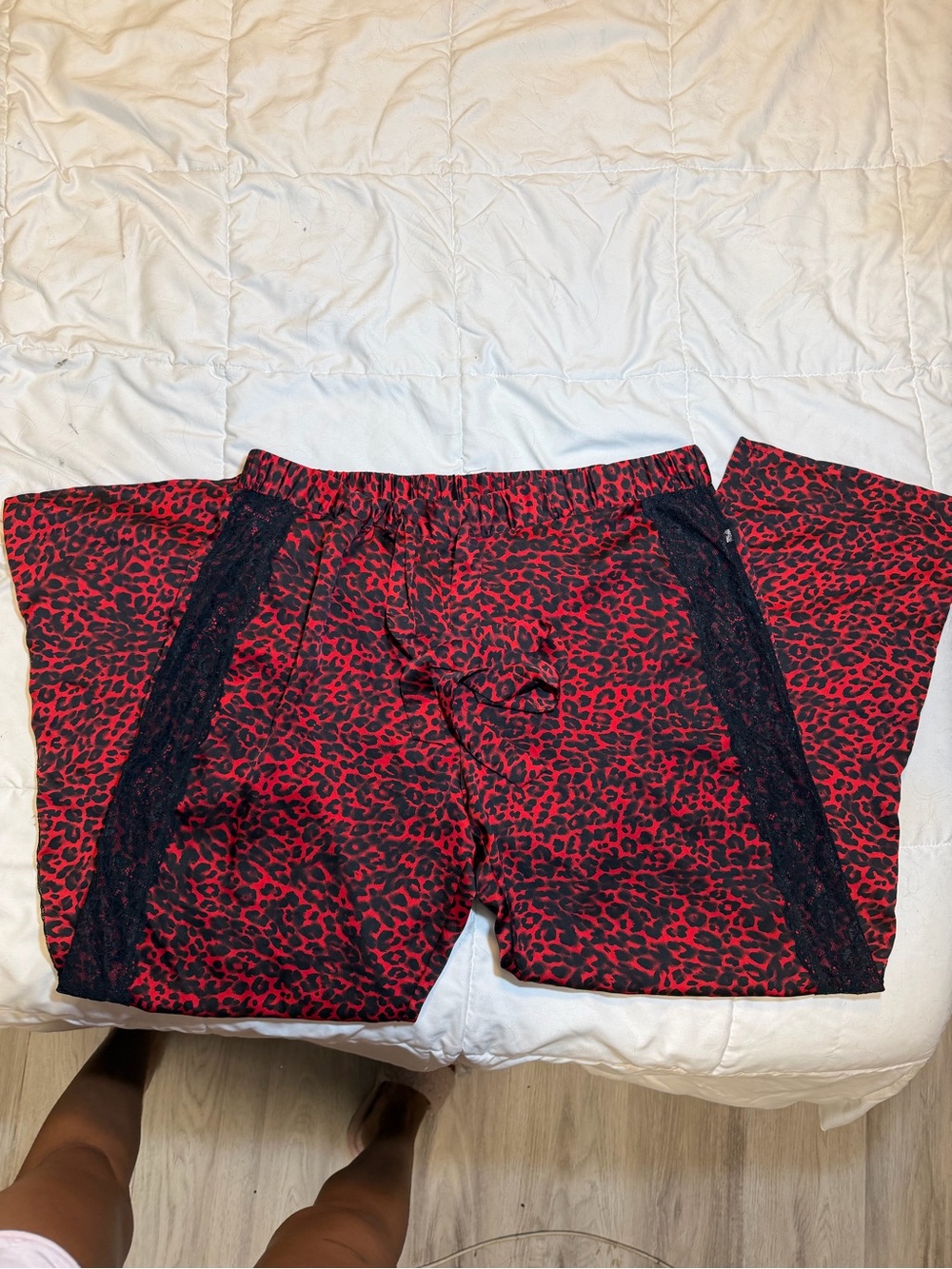 La SENZA Red & Black Leopard-Print Pajama Pants with Lace Inset